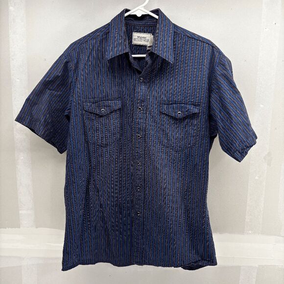 Wrangler Shirt Mens L Blue Striped Rugged Wear Western Pearl Snap Button Up READ - Picture 1 of 7